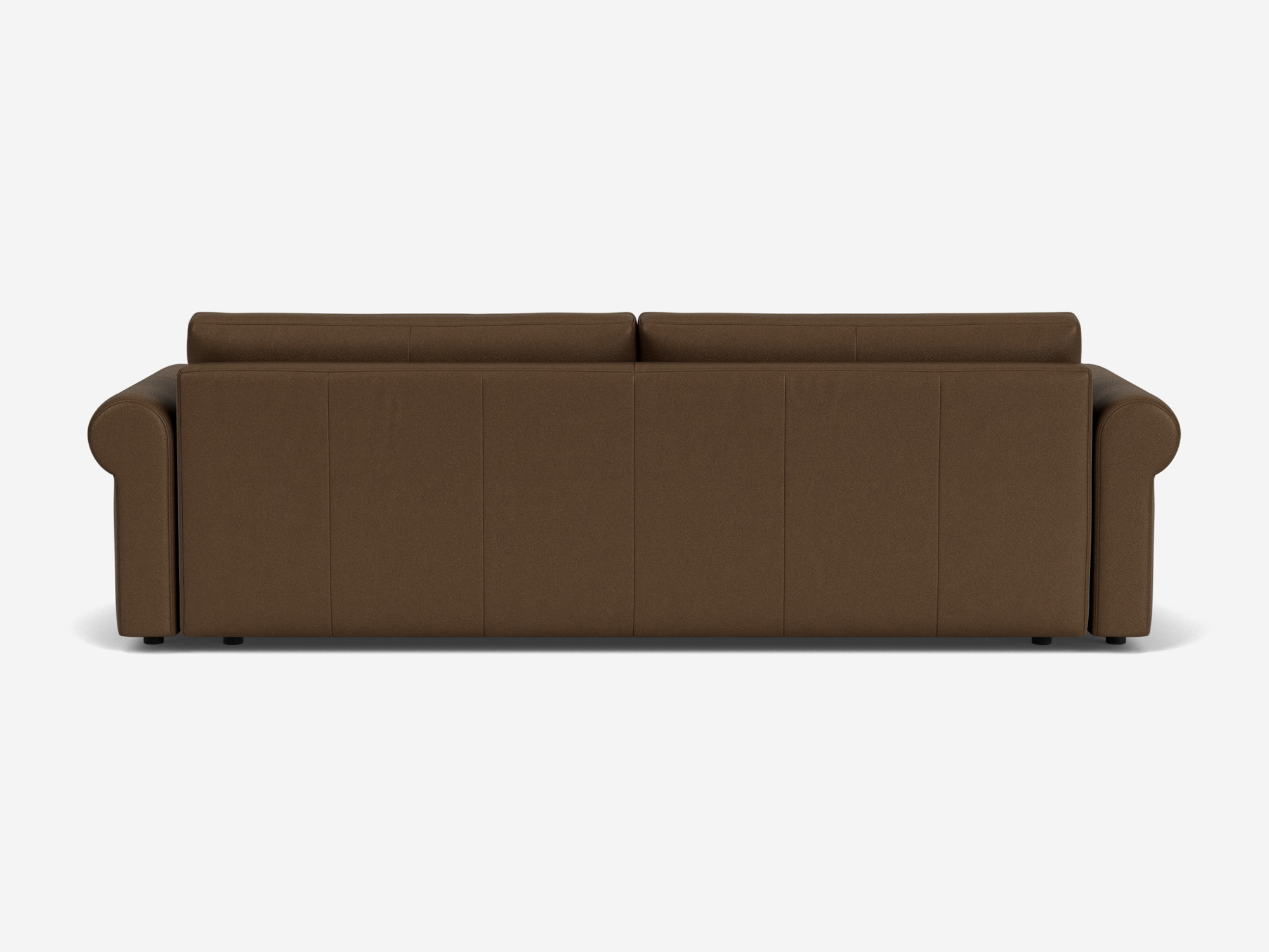 Back view of brown leather 2-seat sofa with roll arms